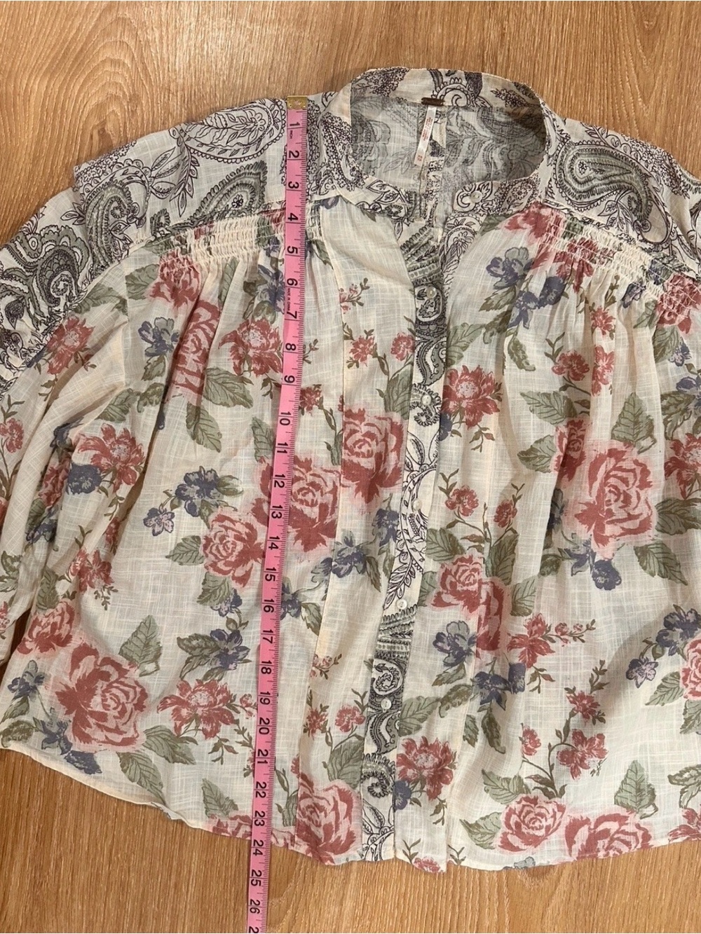 Free People Maraya floral button up cotton shirt puff sleeves beige XS - Picture 6 of 13